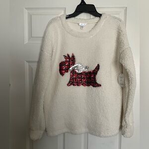 Cozy White Sherpa Teddy Schnauzer Dog Sweater with Red Plaid Sparkle Design